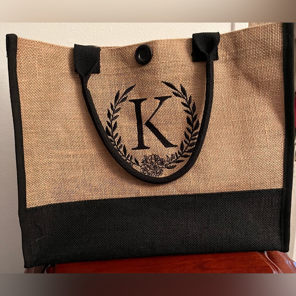 Etsy Personalized “K” Large Burlap Tote bag with zipper - Brand NEW!!!